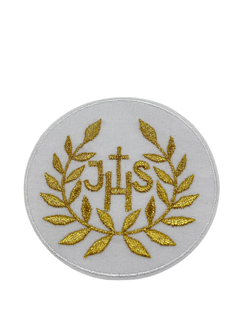 Naszywka IHS materiałowa 8cm liście złote