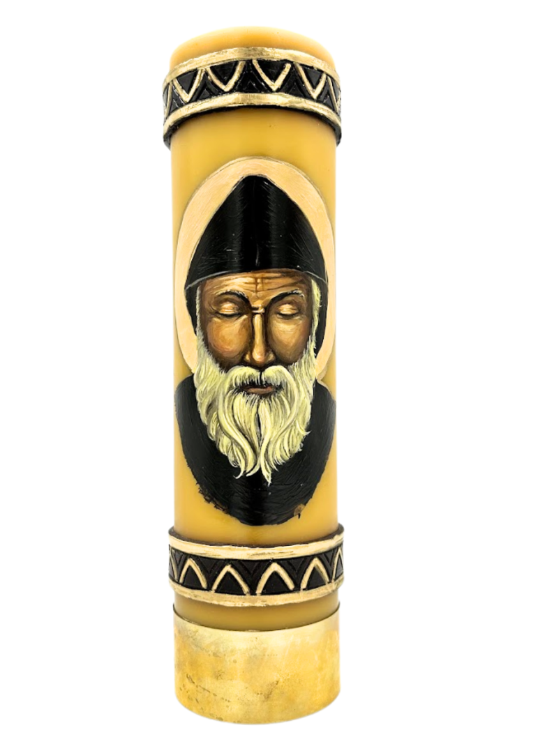 Świeca olejowa woskowa malowana św. Charbel 10 x 8 cm