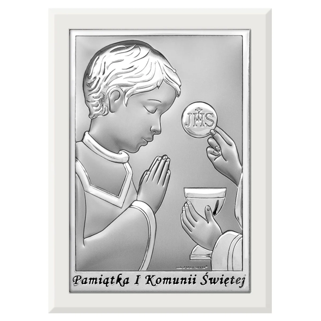 Obrazek srebrny Pamiątka I Komunii Św. 11x15cm chłopiec