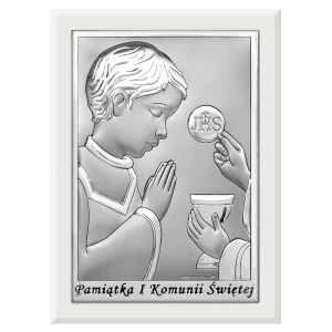 Obrazek srebrny Pamiątka I Komunii Św. 11x15cm chłopiec