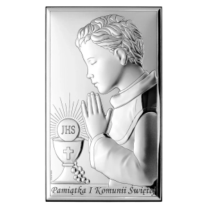 Obrazek srebrny Pamiątka I Komunii Św. 9x15cm chłopiec