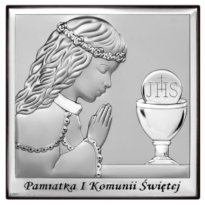 Obrazek srebrny Pamiątka I Komunii Św. 12x12cm dziewczynka