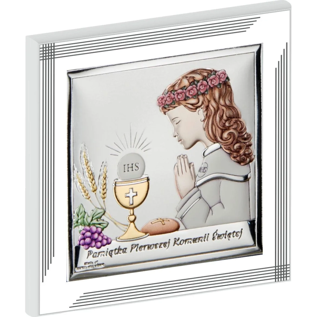 Obrazek srebrny Pamiątka I Komunii Św. 17x17cm dziewczynka