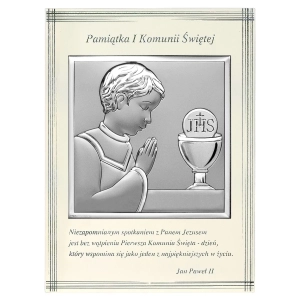 Obrazek srebrny Pamiątka I Komunii Św. 16,5x22cm chłopiec